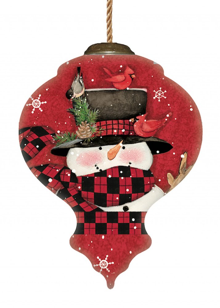 Plaid Snowman and Cardinals Hand Painted Mouth Blown Glass Ornament HomeRoots