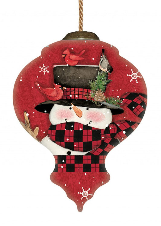 Plaid Snowman and Cardinals Hand Painted Mouth Blown Glass Ornament HomeRoots