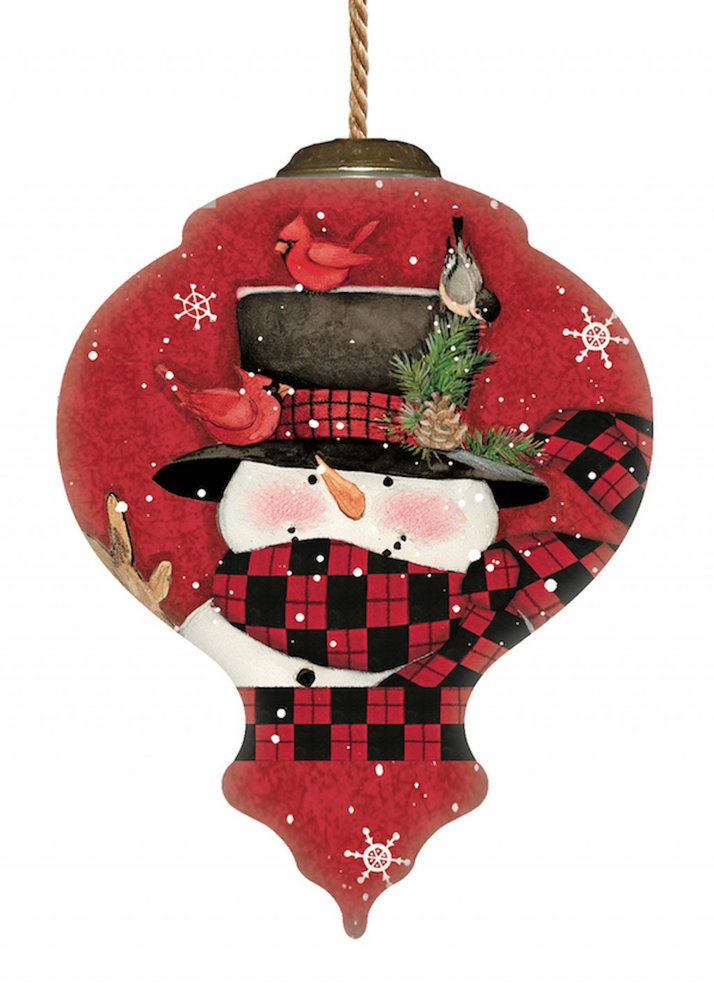 Plaid Snowman and Cardinals Hand Painted Mouth Blown Glass Ornament HomeRoots