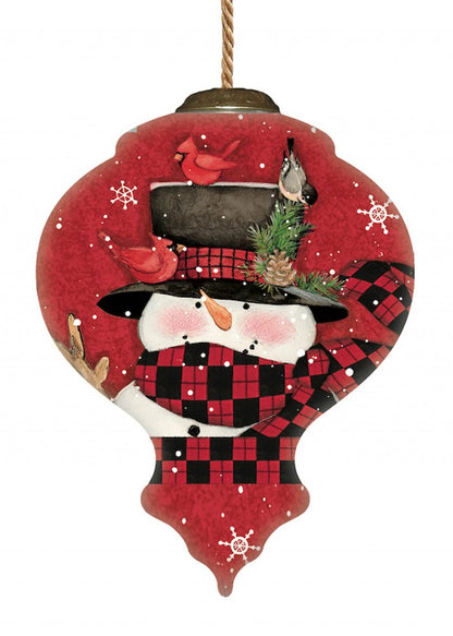 Plaid Snowman and Cardinals Hand Painted Mouth Blown Glass Ornament HomeRoots