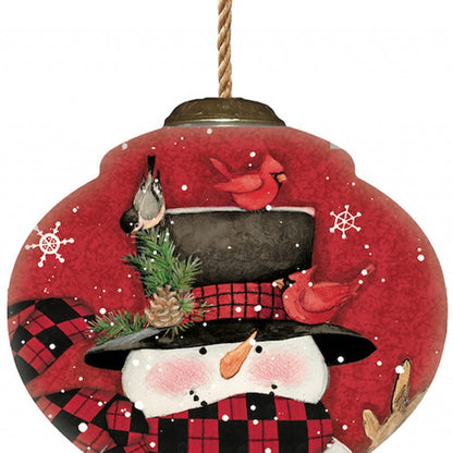 Plaid Snowman and Cardinals Hand Painted Mouth Blown Glass Ornament HomeRoots