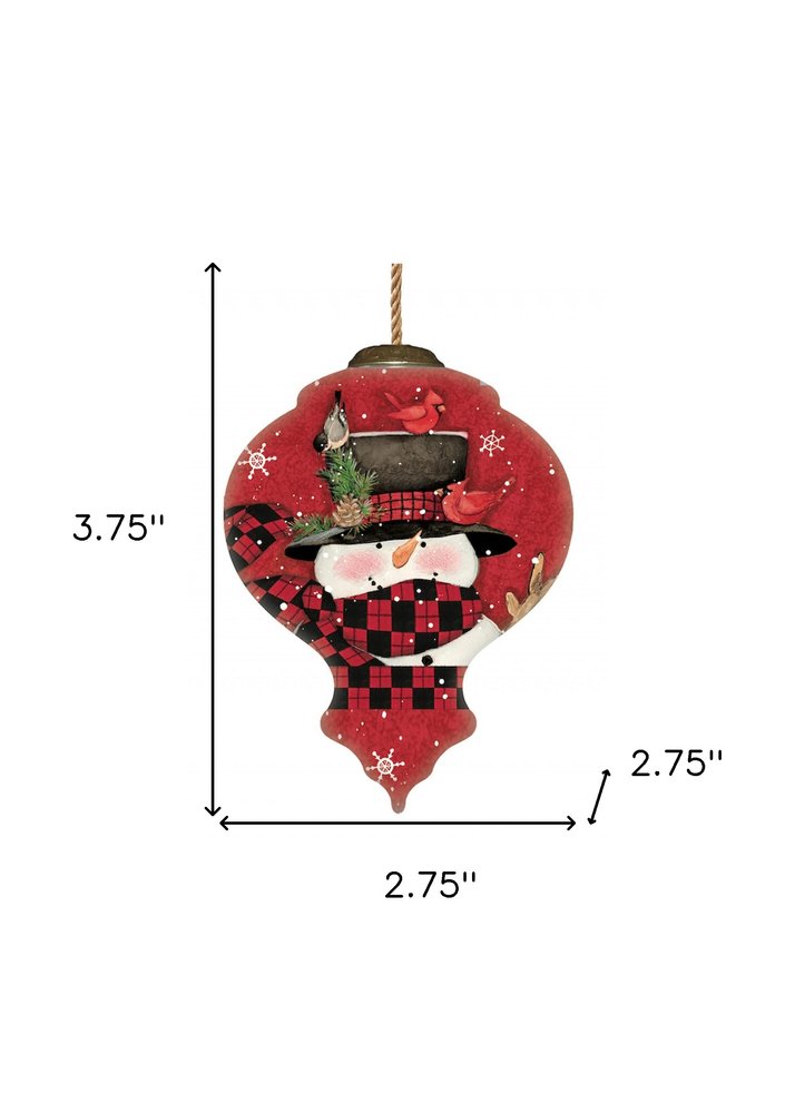Plaid Snowman and Cardinals Hand Painted Mouth Blown Glass Ornament HomeRoots