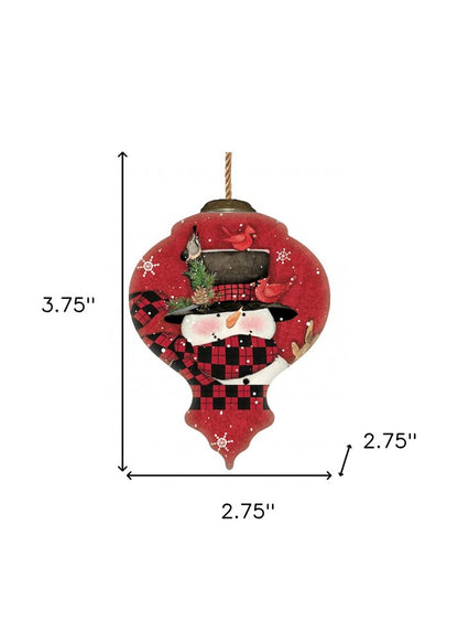 Plaid Snowman and Cardinals Hand Painted Mouth Blown Glass Ornament HomeRoots