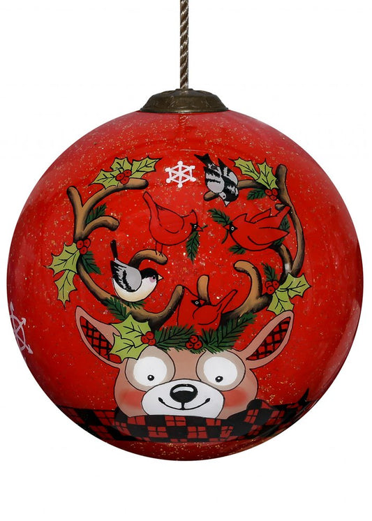Reindeer with Plaids and Cardinals Hand Painted Mouth Blown Glass Ornament HomeRoots