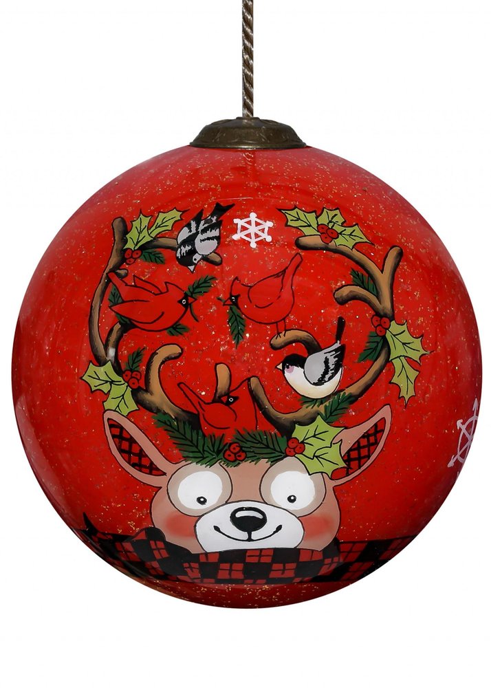 Reindeer with Plaids and Cardinals Hand Painted Mouth Blown Glass Ornament — view 2