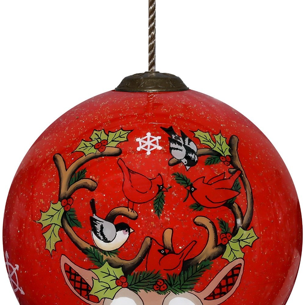 Reindeer with Plaids and Cardinals Hand Painted Mouth Blown Glass Ornament HomeRoots