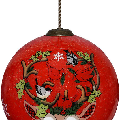 Reindeer with Plaids and Cardinals Hand Painted Mouth Blown Glass Ornament HomeRoots