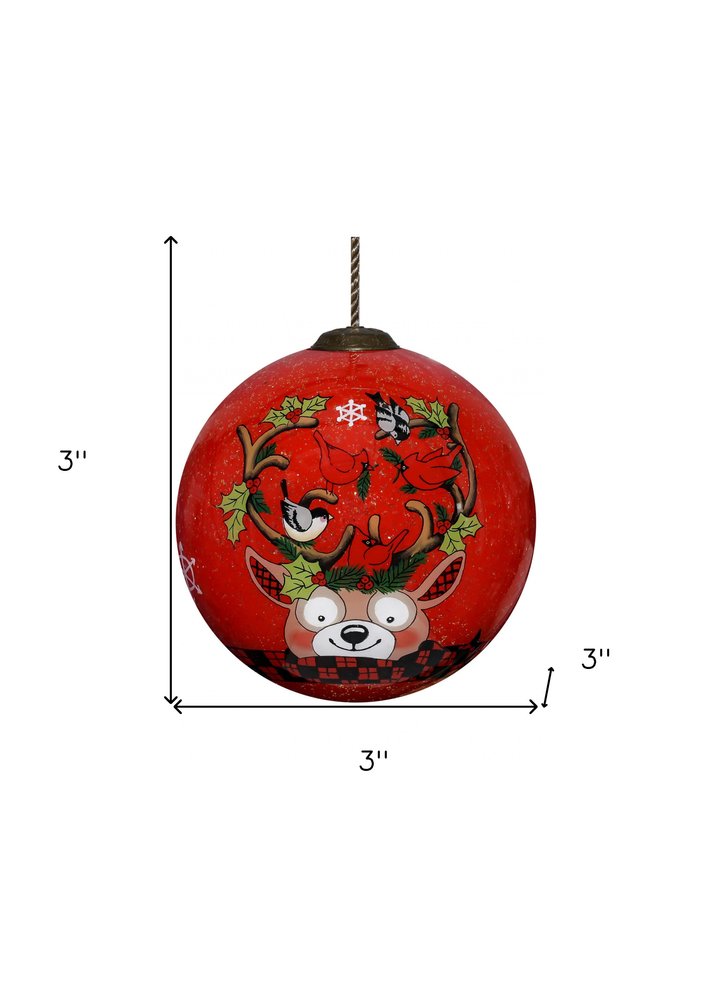 Reindeer with Plaids and Cardinals Hand Painted Mouth Blown Glass Ornament HomeRoots