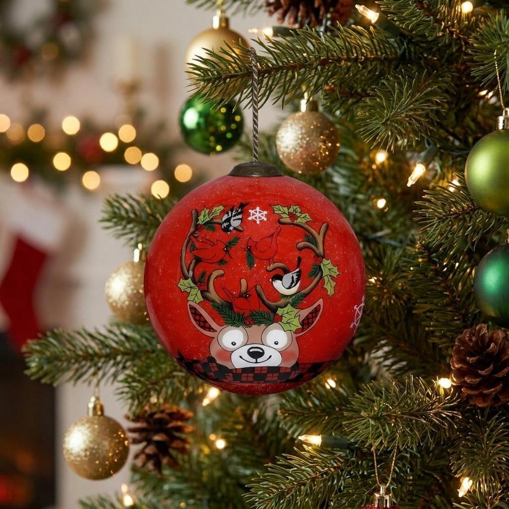 Reindeer with Plaids and Cardinals Hand Painted Mouth Blown Glass Ornament — view 6