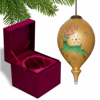 Golden Reindeer and Snowflakes Hand Painted Mouth Blown Glass Ornament HomeRoots