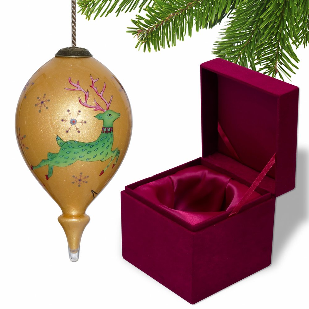 Golden Reindeer and Snowflakes Hand Painted Mouth Blown Glass Ornament HomeRoots