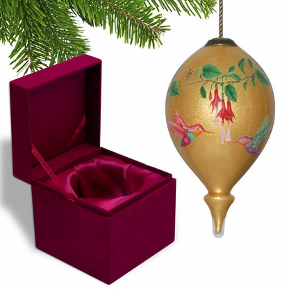 Golden Flowers and Hummingbirds Hand Painted Mouth Blown Glass Ornament HomeRoots