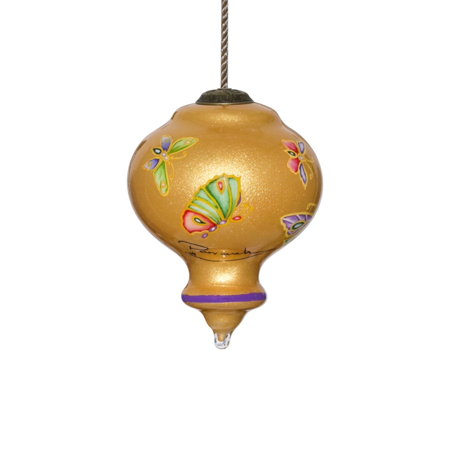 Golden Extravagant Butterflies Hand Painted Mouth Blown Glass Ornament