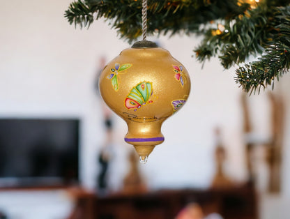 Golden Extravagant Butterflies Hand Painted Mouth Blown Glass Ornament