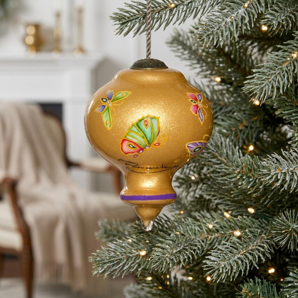 Golden Extravagant Butterflies Hand Painted Mouth Blown Glass Ornament HomeRoots