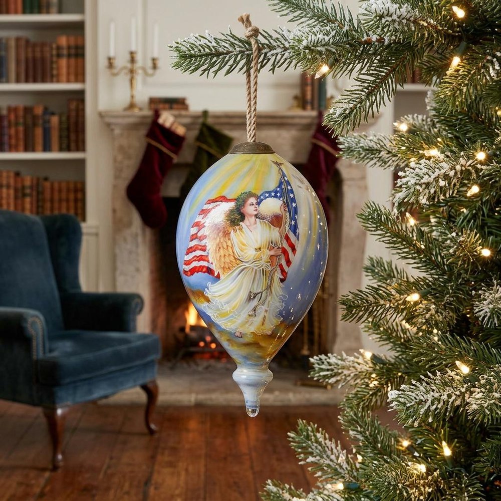American Flag Angel Hand Painted Mouth Blown Glass Ornament — view 3