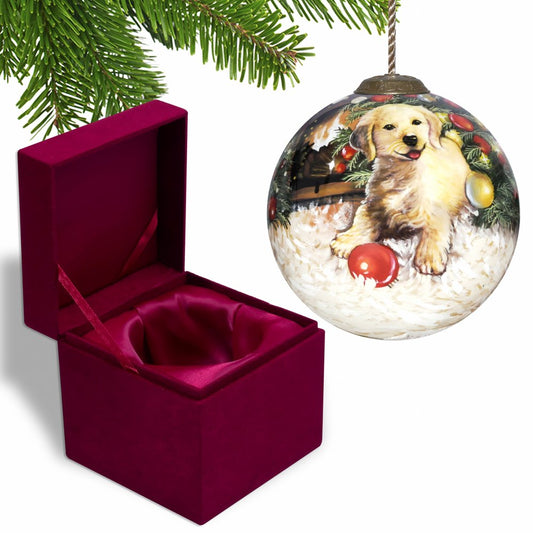 Puppy under the Christmas Tree Hand Painted Mouth Blown Glass Ornament HomeRoots