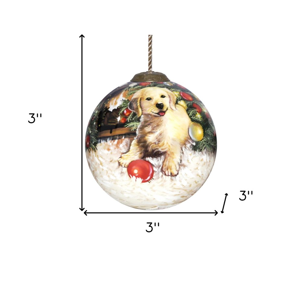 Puppy under the Christmas Tree Hand Painted Mouth Blown Glass Ornament HomeRoots