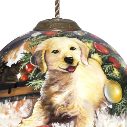 Puppy under the Christmas Tree Hand Painted Mouth Blown Glass Ornament HomeRoots