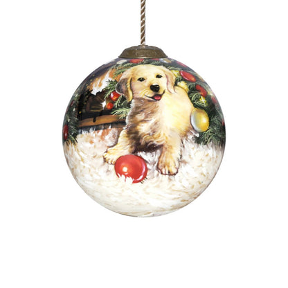 Puppy under the Christmas Tree Hand Painted Mouth Blown Glass Ornament HomeRoots