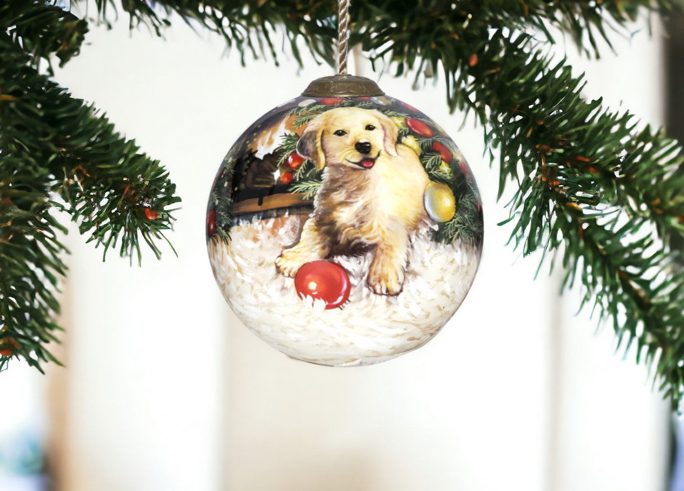 Puppy under the Christmas Tree Hand Painted Mouth Blown Glass Ornament