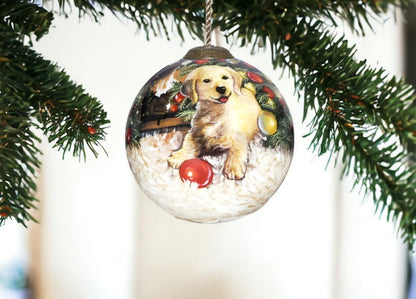 Puppy under the Christmas Tree Hand Painted Mouth Blown Glass Ornament HomeRoots