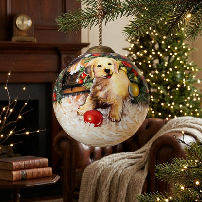 Puppy under the Christmas Tree Hand Painted Mouth Blown Glass Ornament HomeRoots