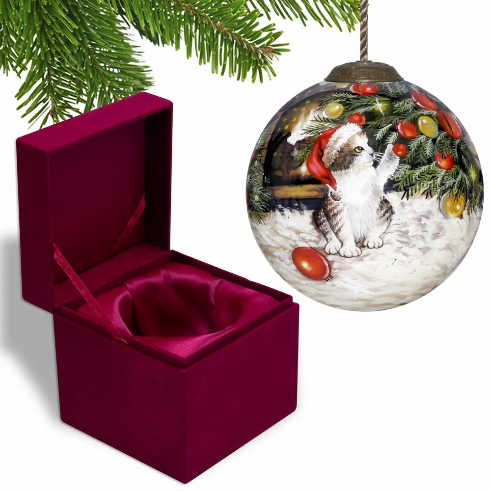 Kitten under the Christmas Tree Hand Painted Mouth Blown Glass Ornament HomeRoots