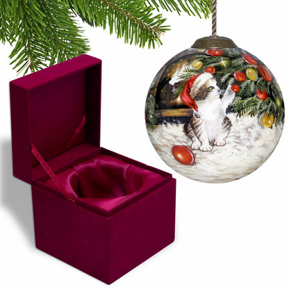 Kitten under the Christmas Tree Hand Painted Mouth Blown Glass Ornament HomeRoots