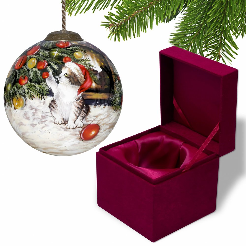 Kitten under the Christmas Tree Hand Painted Mouth Blown Glass Ornament HomeRoots