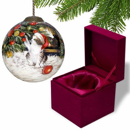 Kitten under the Christmas Tree Hand Painted Mouth Blown Glass Ornament HomeRoots