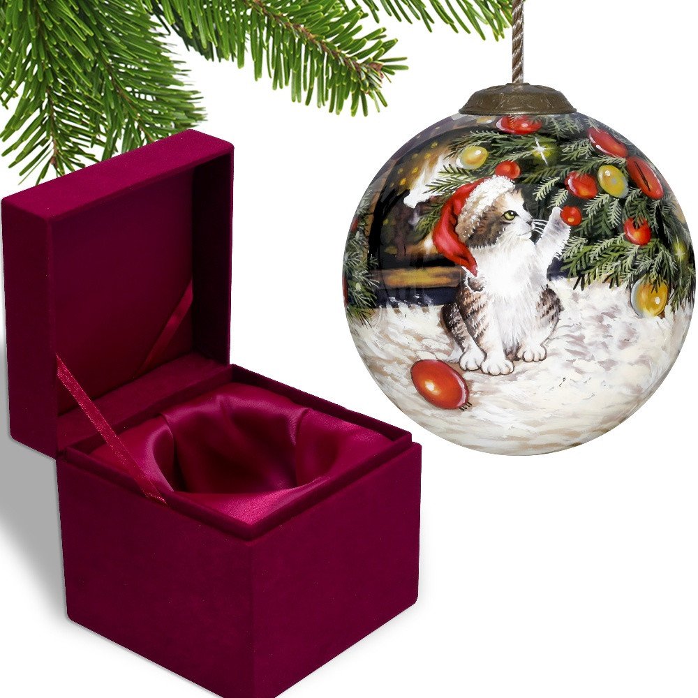 Kitten under the Christmas Tree Hand Painted Mouth Blown Glass Ornament HomeRoots