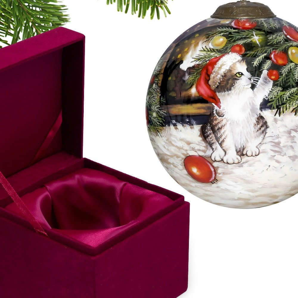 Kitten under the Christmas Tree Hand Painted Mouth Blown Glass Ornament HomeRoots