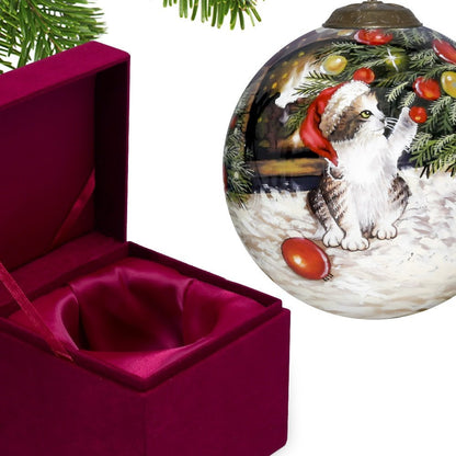 Kitten under the Christmas Tree Hand Painted Mouth Blown Glass Ornament HomeRoots
