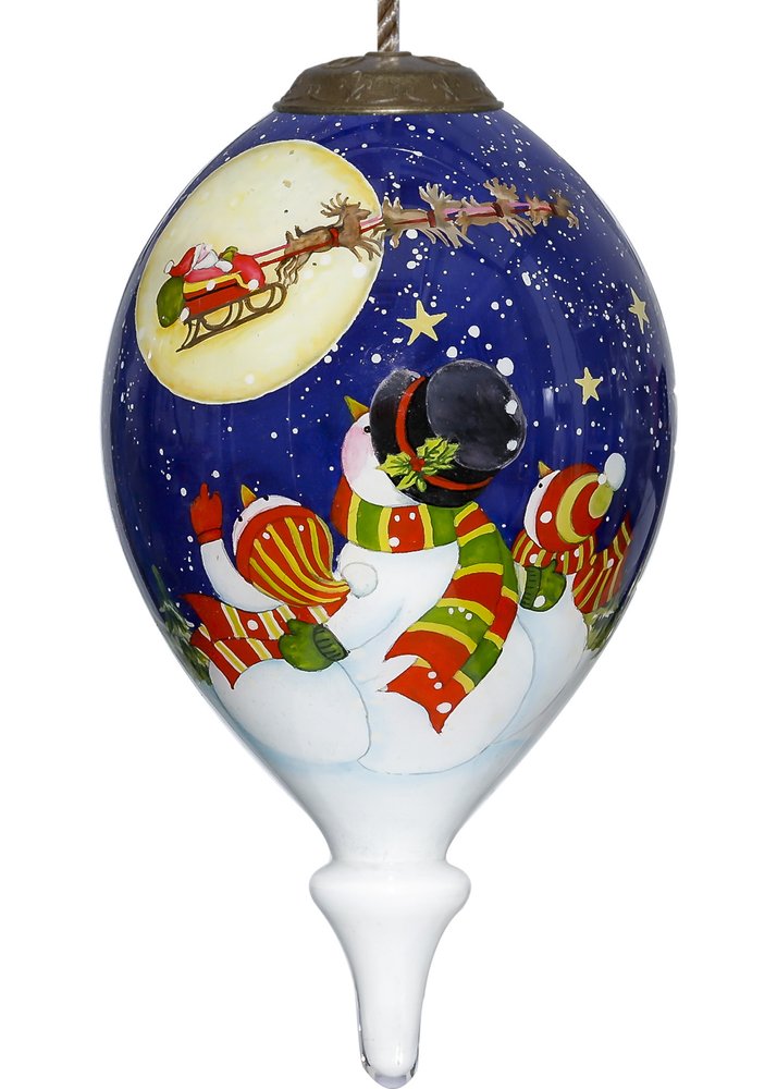 Snowmen Family Watching Santa on a Sleigh Hand Painted Mouth Blown Glass Ornament HomeRoots