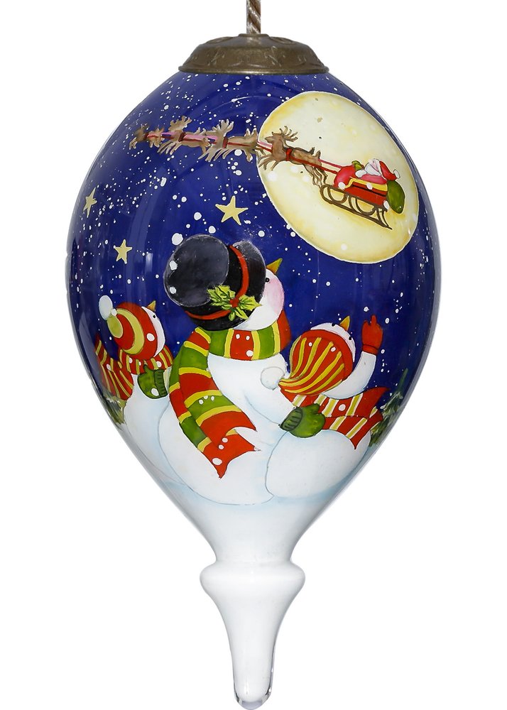 Snowmen Family Watching Santa on a Sleigh Hand Painted Mouth Blown Glass Ornament HomeRoots