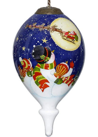 Snowmen Family Watching Santa on a Sleigh Hand Painted Mouth Blown Glass Ornament HomeRoots