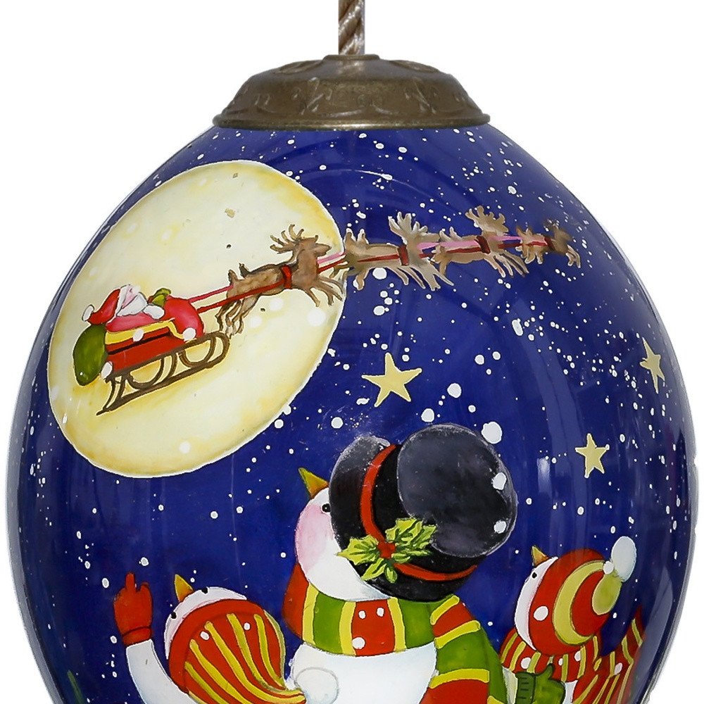 Snowmen Family Watching Santa on a Sleigh Hand Painted Mouth Blown Glass Ornament HomeRoots