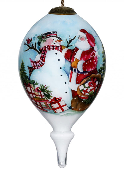 Christmas Santa and Snowman Hand Painted Mouth Blown Glass Ornament