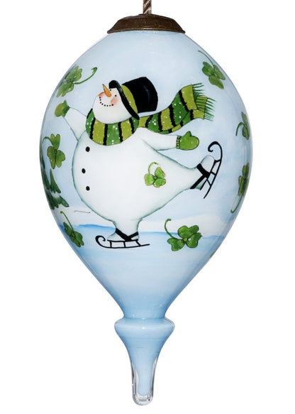 Ice Skating Shamrock Snowman Hand Painted Mouth Blown Glass Ornament HomeRoots