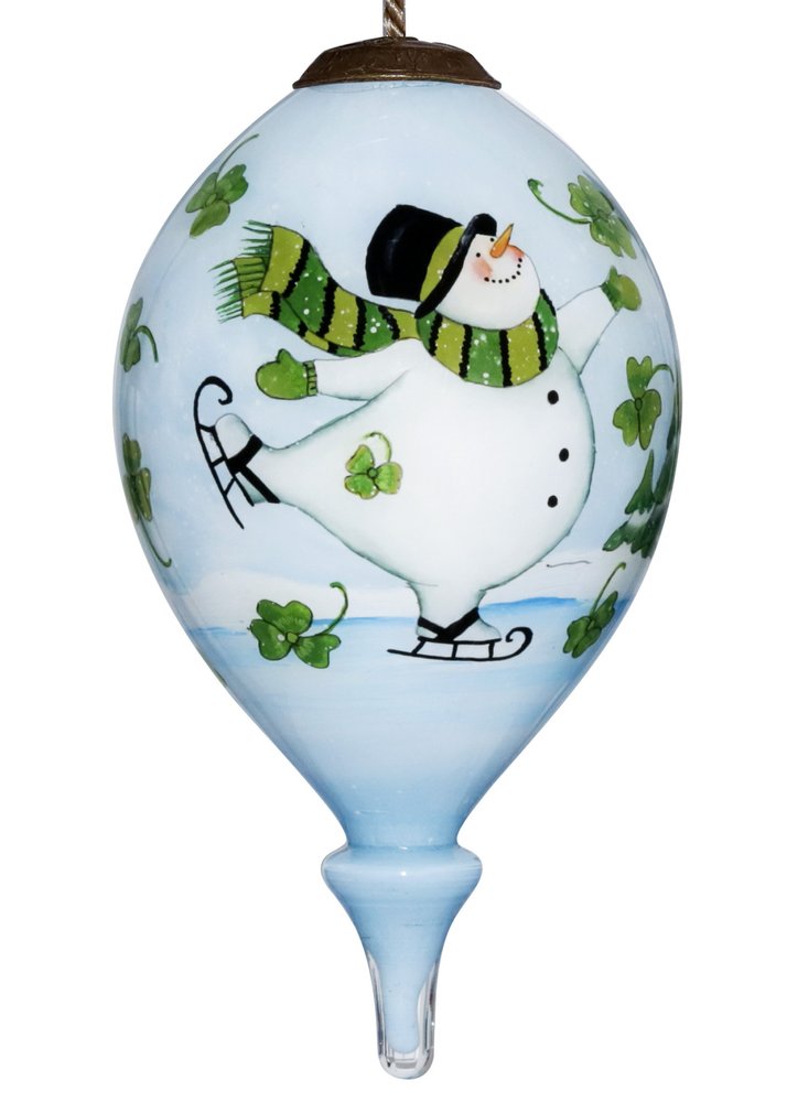 Ice Skating Shamrock Snowman Hand Painted Mouth Blown Glass Ornament HomeRoots