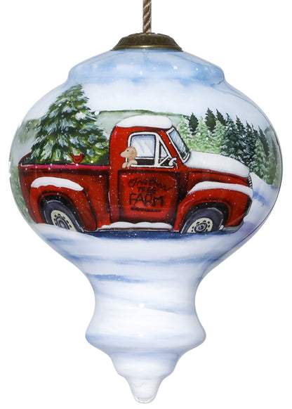 Red Farm Truck with Tree Hand Painted Mouth Blown Glass Ornament