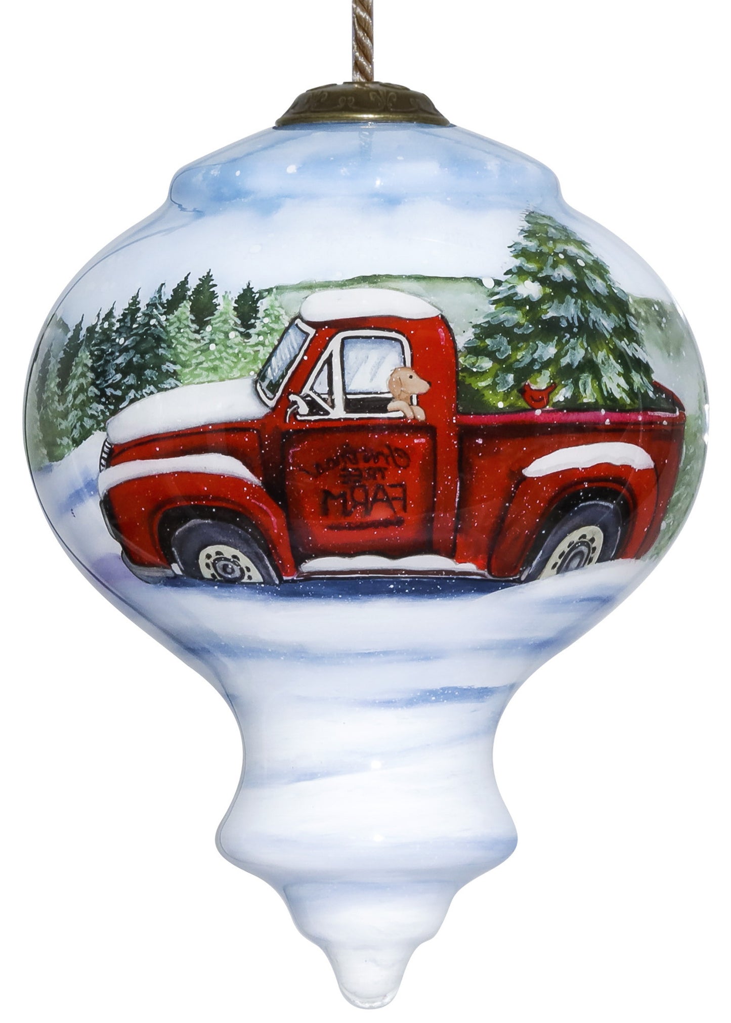 Red Farm Truck with Tree Hand Painted Mouth Blown Glass Ornament