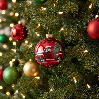 Red Farm Truck with Tree Hand Painted Mouth Blown Glass Ornament HomeRoots