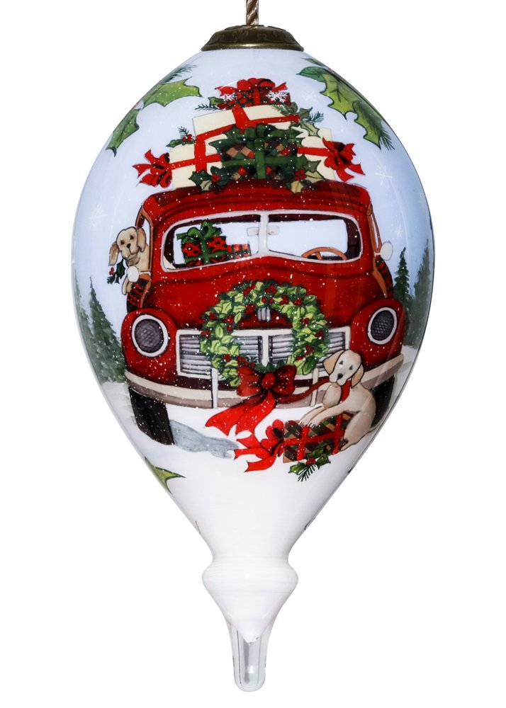 Puppy and Red Truck Christmas Wreath Hand Painted Mouth Blown Glass Ornament HomeRoots