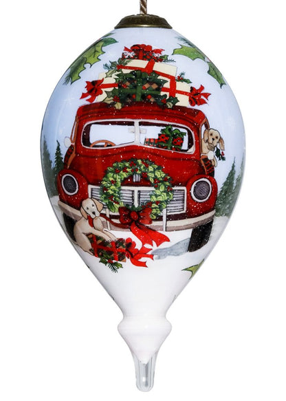 Puppy and Red Truck Christmas Wreath Hand Painted Mouth Blown Glass Ornament HomeRoots