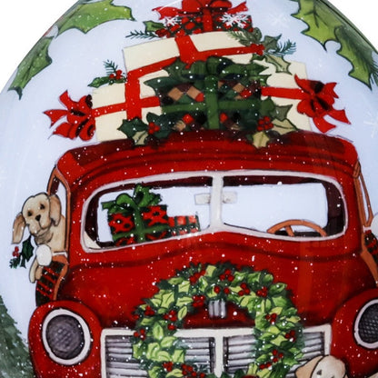 Puppy and Red Truck Christmas Wreath Hand Painted Mouth Blown Glass Ornament HomeRoots