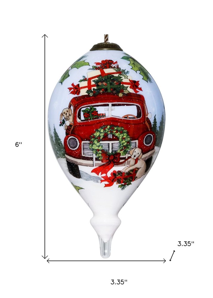 Puppy and Red Truck Christmas Wreath Hand Painted Mouth Blown Glass Ornament HomeRoots