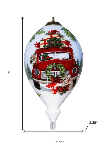 Puppy and Red Truck Christmas Wreath Hand Painted Mouth Blown Glass Ornament HomeRoots