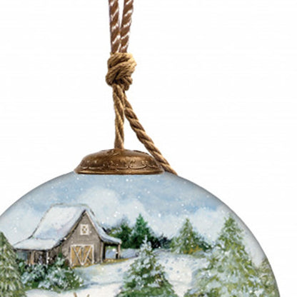 Snowy Mountains Ski Rental Hand Painted Mouth Blown Glass Ornament